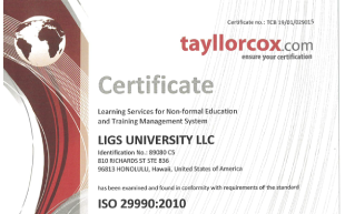 LIGS University je také držitelem certifikátu systému kvality ISO 29990:2010